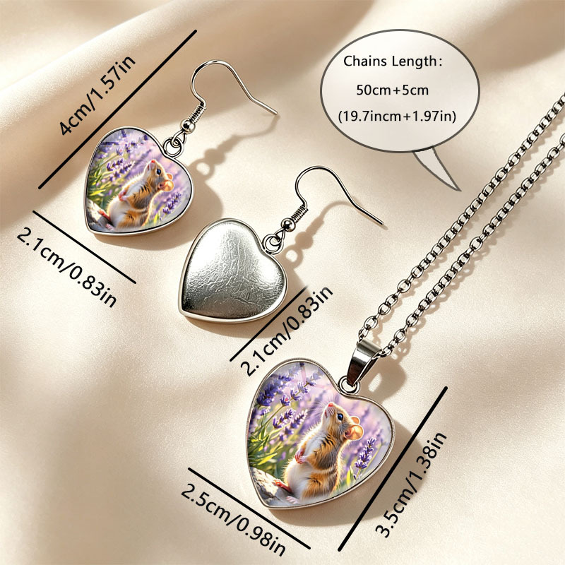 3pc Harvest Mouse Lavender Field Necklace & Earrings Set